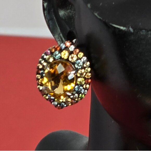 925 Sterling Silver Earrings with Natural Citrine & Sapphire Gemstone - Picture 5 of 8